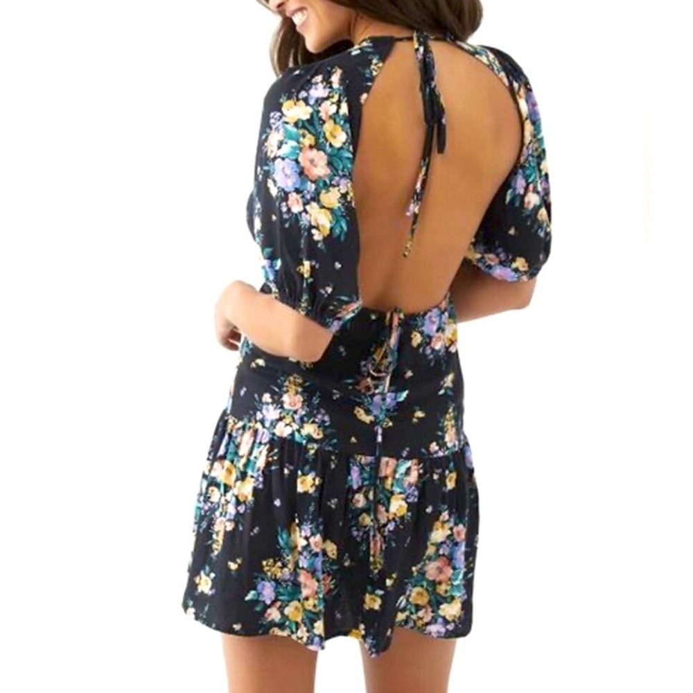 O’Neill Black Floral Romantic Backless Puff Half Sleeves Mini Dress Size L